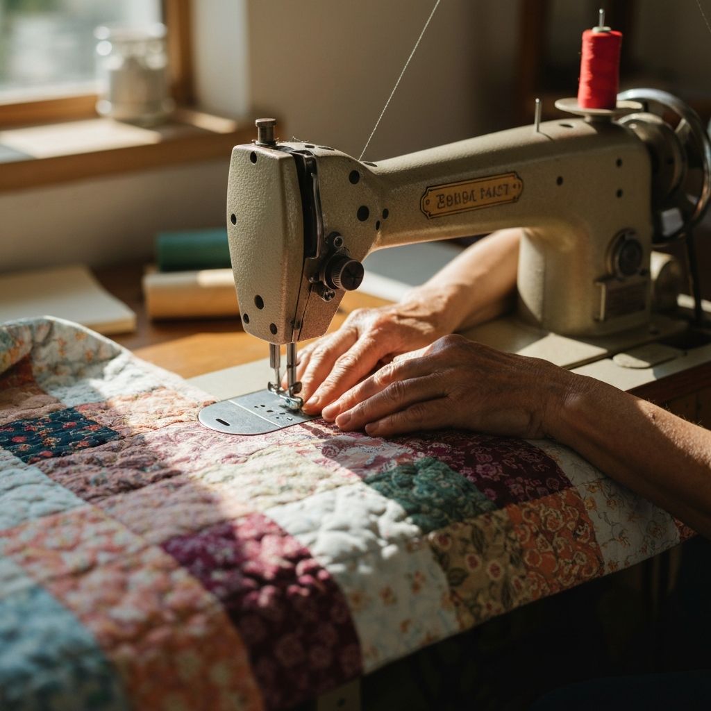 Hands crafting a patchwork piece on a sewing machine